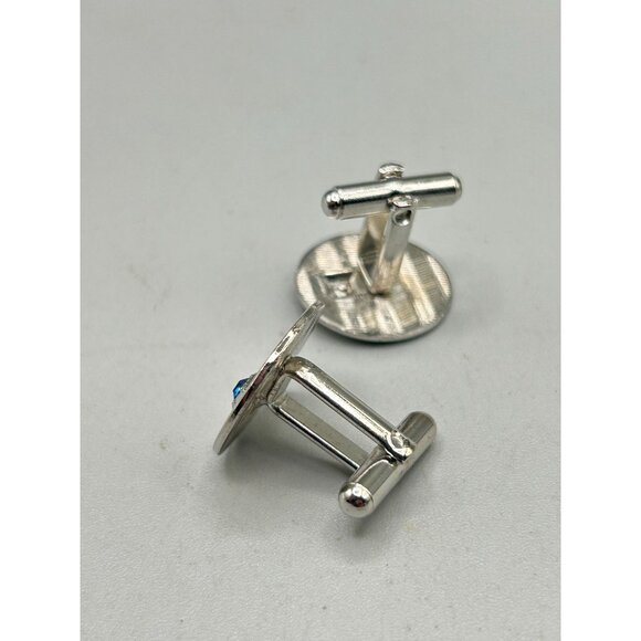 Vintage Silver Tone Cufflinks with Blue Stone Center Round Shaped - Picture 3 of 5
